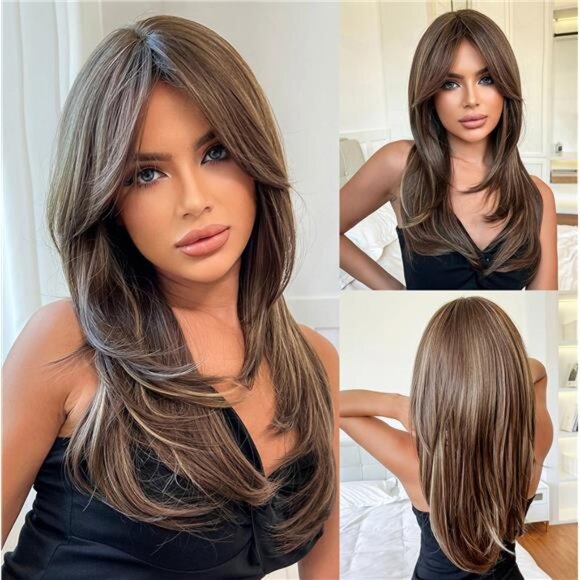 Long Straight Mixed Brown Wig with Curtain Bangs Layered Synthetic Hair Mixed Br